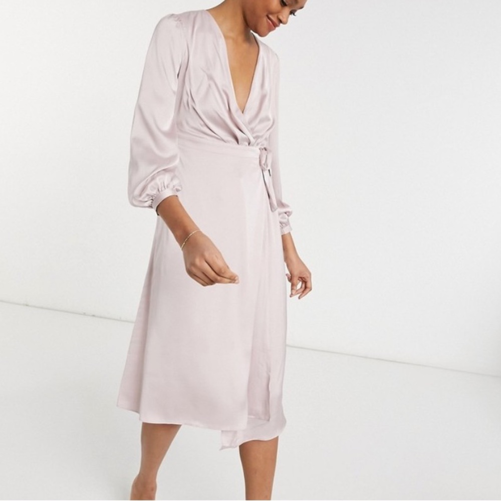 TFNC Blush Pink Satin Wrap Puff Sleeve MIDI Bridesmaid Formal Dress